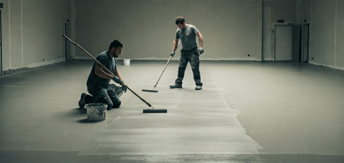 Zwei Handwerker streichen mit Rollen einen großen Hallenboden. Einer kniet, der andere steht. Helles Licht durch ein hohes Fenster, Werkzeuge und Farbe im Fokus. Kinoreifer Stil, tiefe Farben, Fokus auf Handwerker und Boden.