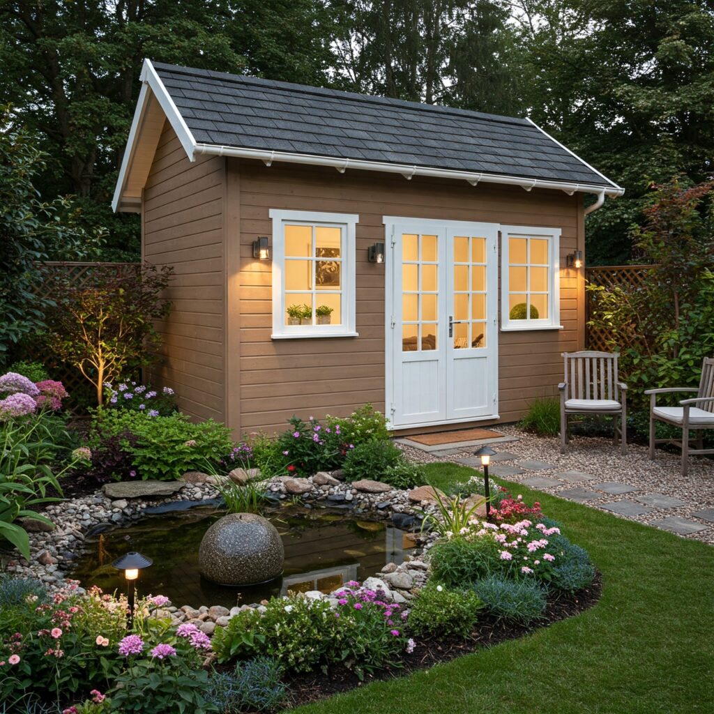 Gartenhaus in warmem Cappuccinoton mit weißen Fensterrahmen, Außenbeleuchtung und kleinem Teich mit blühender Bepflanzung.