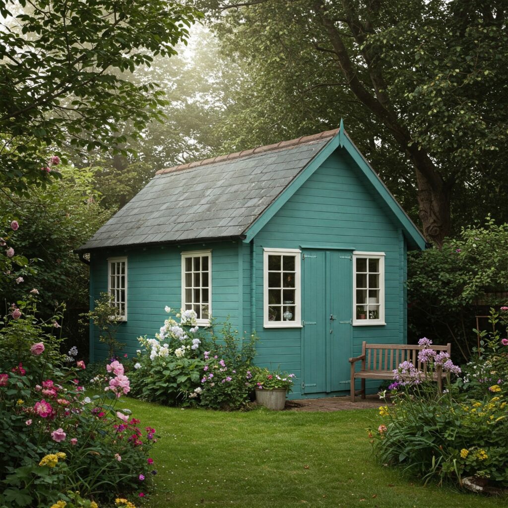 Gartenhaus in Teal-Blaugrün mit weißen Fenstern, umgeben von Blumen und einer Holzbank.
