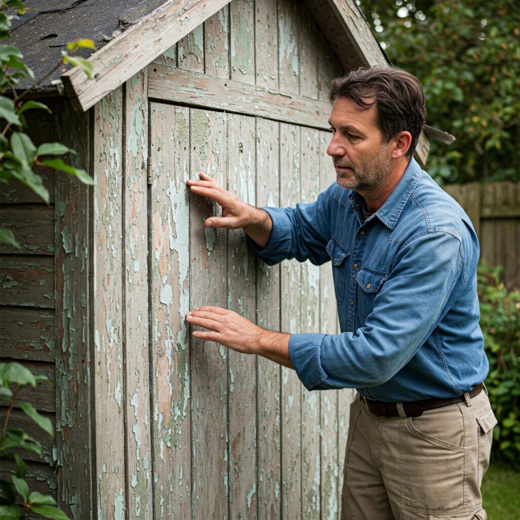 Mann prüft abgeblätterte Farbschichten an einem alten Gartenhaus vor dem Neuanstrich.