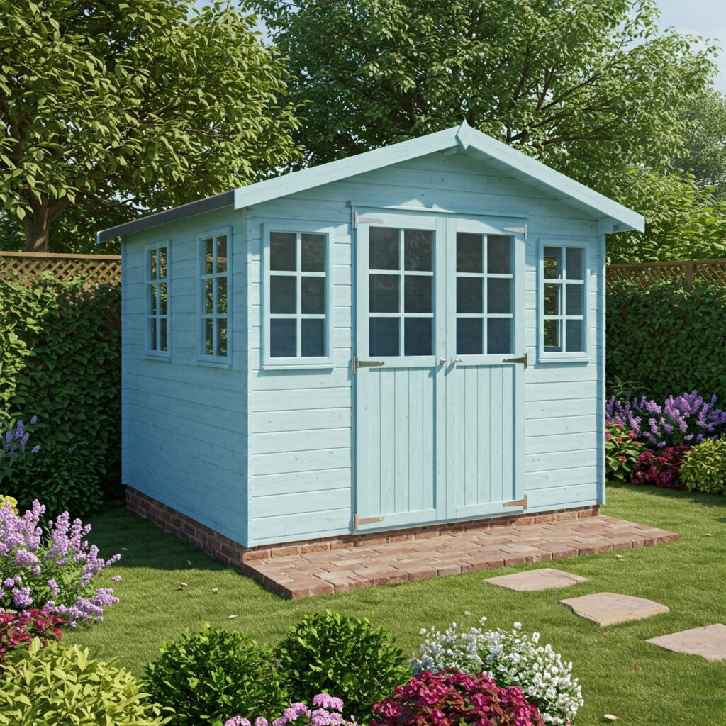 Gartenhaus in Hellblau auf einem erhöhten Fundament aus Ziegelsteinen, um Feuchtigkeitsschäden durch Bodenkontakt zu vermeiden.