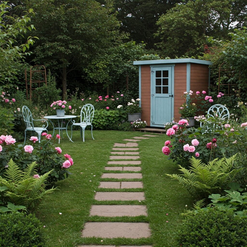 Kleines Gartenhaus in warmem Braun mit hellblauen Akzenten, eingebettet in einen blühenden Rosengarten mit romantischem Sitzbereich aus Metall.