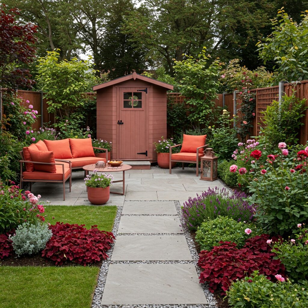Gartenhaus in warmem Braunton mit schwarzen Türbeschlägen, umgeben von blühenden Pflanzen und einer Sitzgruppe mit orangenen Polstern.
