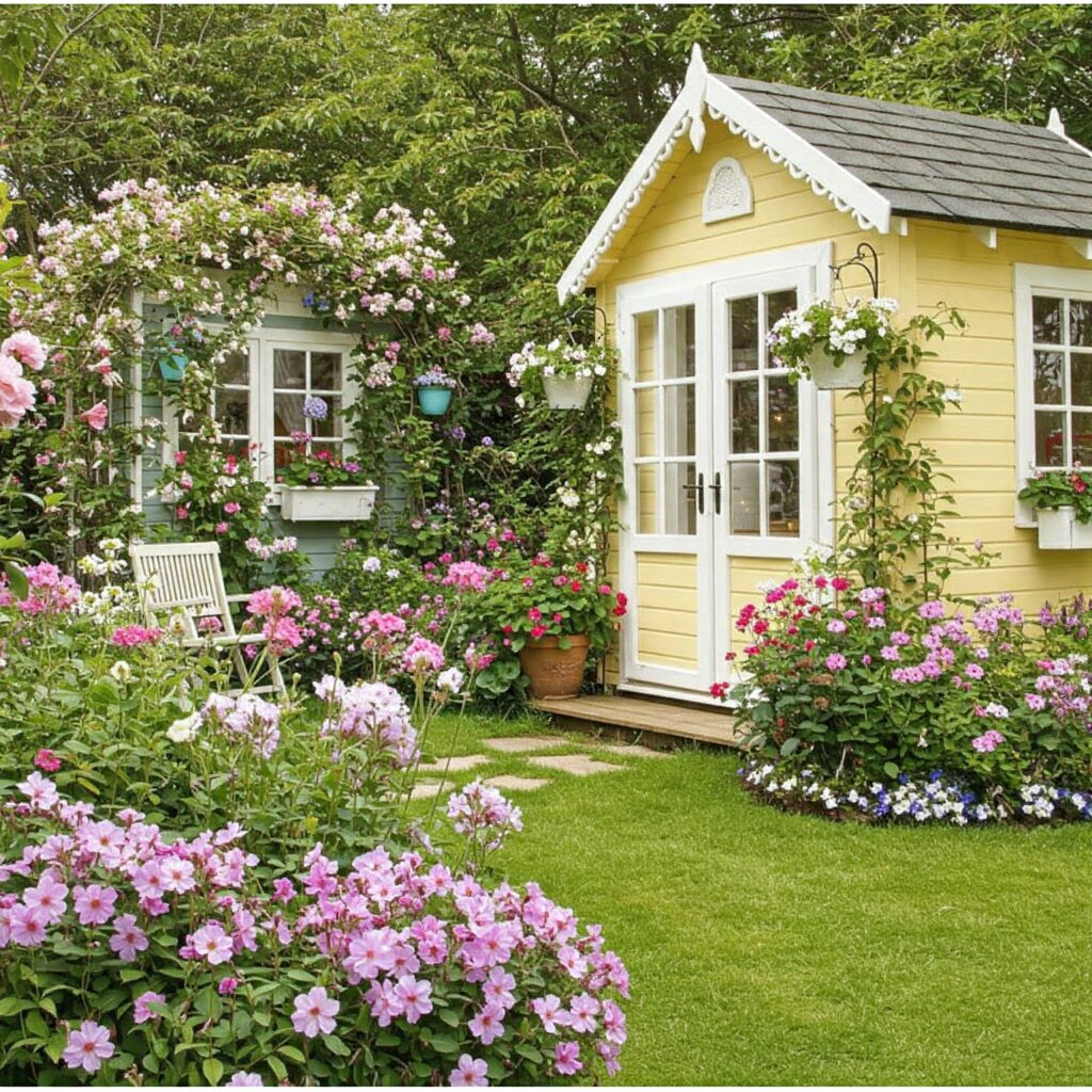 Gartenhaus in sanftem Hellgelb mit weißen Fensterrahmen und Zierleisten, umgeben von blühenden Pflanzen und einer idyllischen Gartenlandschaft..