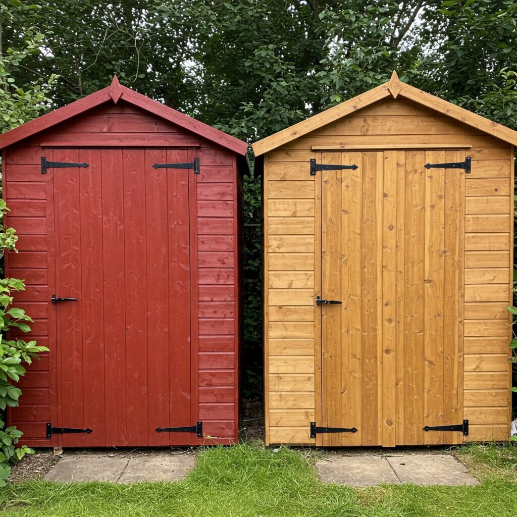 Zwei Gartenhäuser im direkten Vergleich: links mit deckender roter Holzfarbe, rechts mit transparenter Holzlasur für eine natürliche Optik.