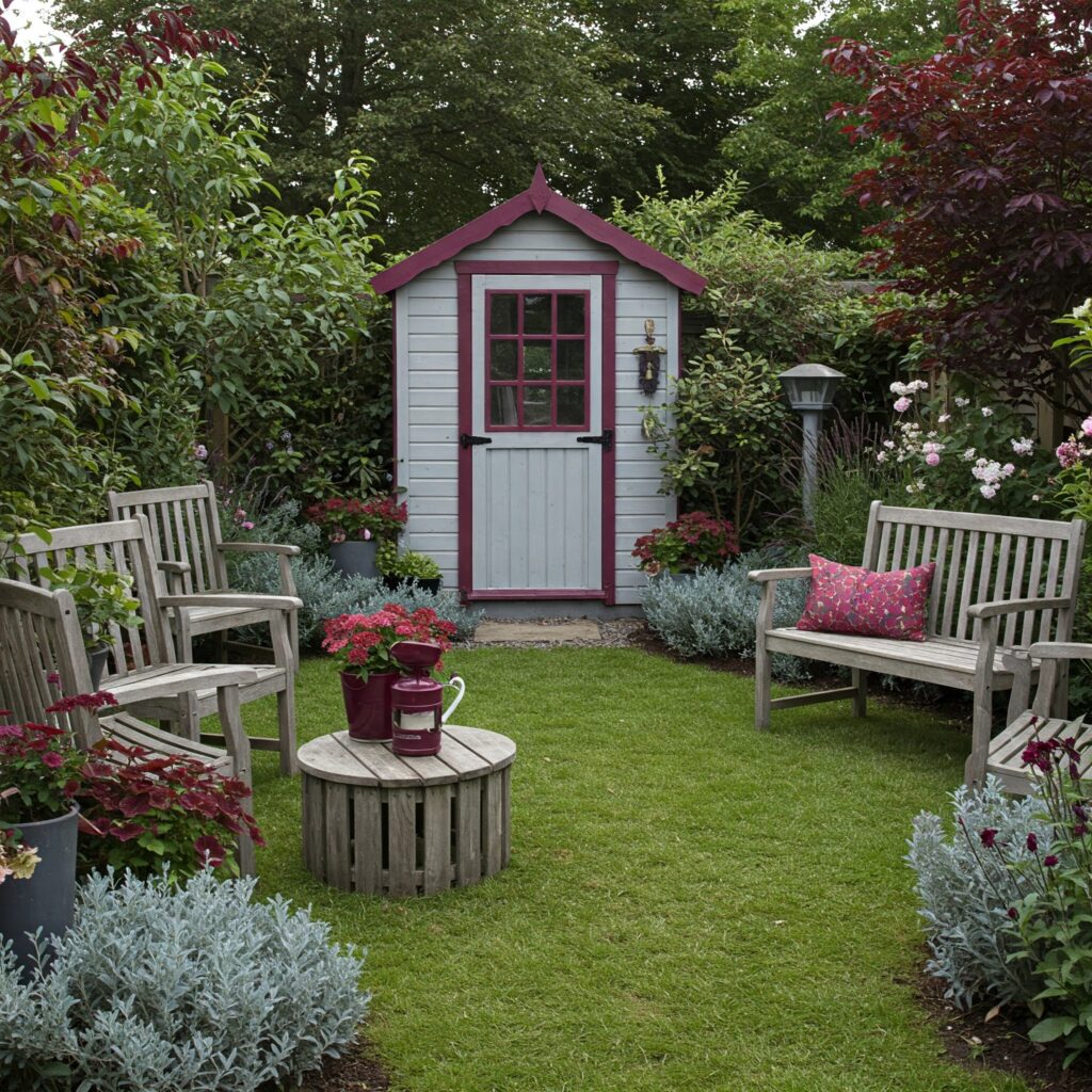 Gartenhaus mit sanften Grautönen und burgunderroten Akzenten, umgeben von einer natürlichen Gartenlandschaft mit Sitzgelegenheiten.
