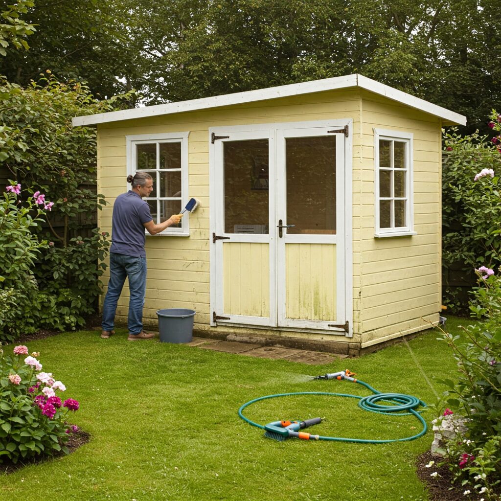 Mann reinigt die Fassade eines gelben Gartenhauses mit einer Bürste, um es für einen neuen Anstrich vorzubereiten.