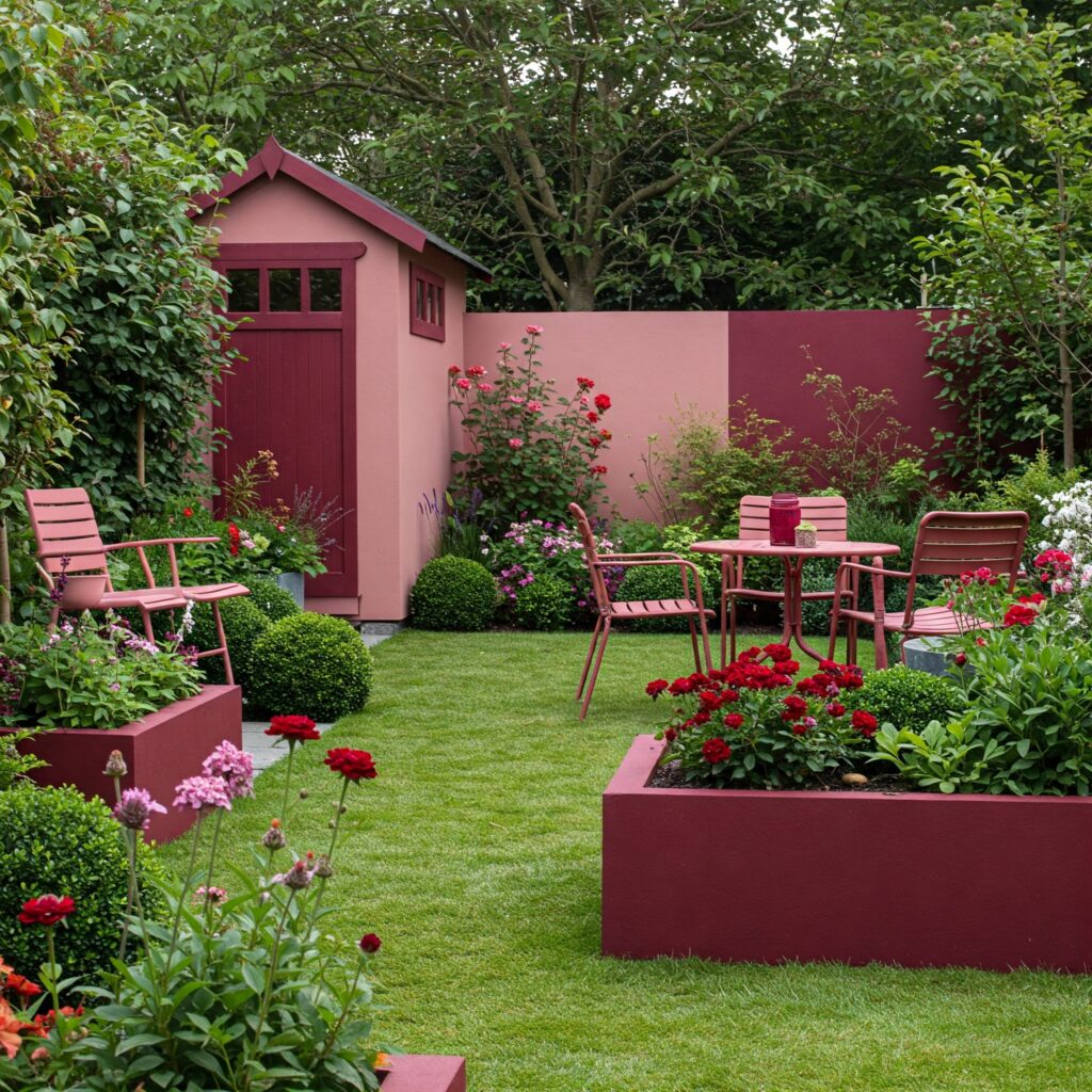 Gartenhaus in sanftem Rosa mit Bordeaux-Akzenten, umgeben von blühenden Pflanzen und einer Sitzgruppe im Grünen.