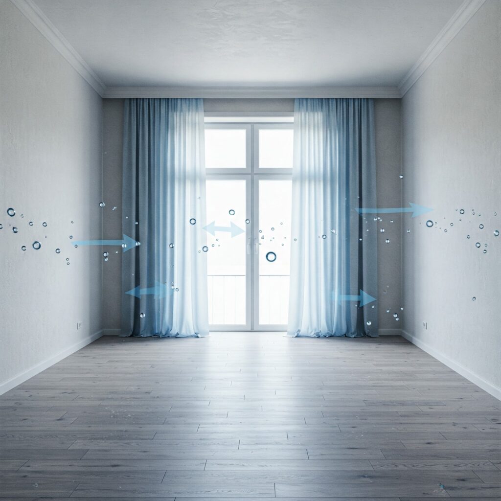 Leerer, lichtdurchfluteter Raum mit blauen Vorhängen und symbolischer Darstellung der Feuchtigkeitsregulierung durch Wände.
