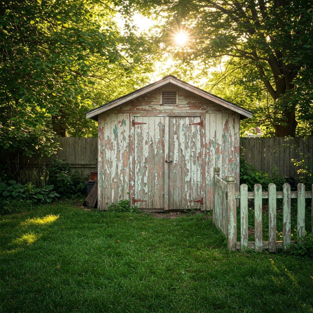 Verwittertes Gartenhaus mit stark abgeblätterter Farbe, umgeben von einem alten Holzzaun und viel Grün, im warmen Sonnenlicht.