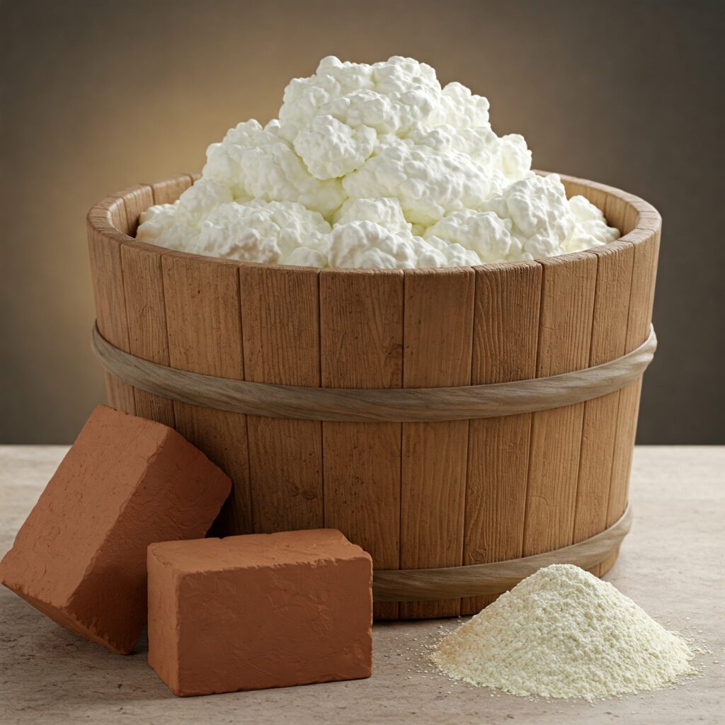 Holzeimer mit Kasein, Tonziegel und Kalkpulver – natürliche Rohstoffe für traditionelle Wandfarben mit atmungsaktiven Eigenschaften.