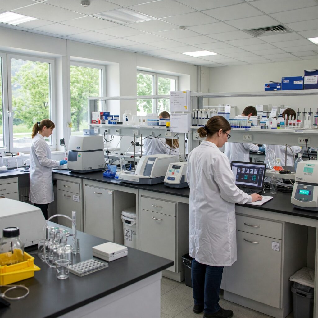 Labor mit Wissenschaftlern in weißen Kitteln, die Farben und Lacke auf Umweltfreundlichkeit und Schadstoffbelastung testen.