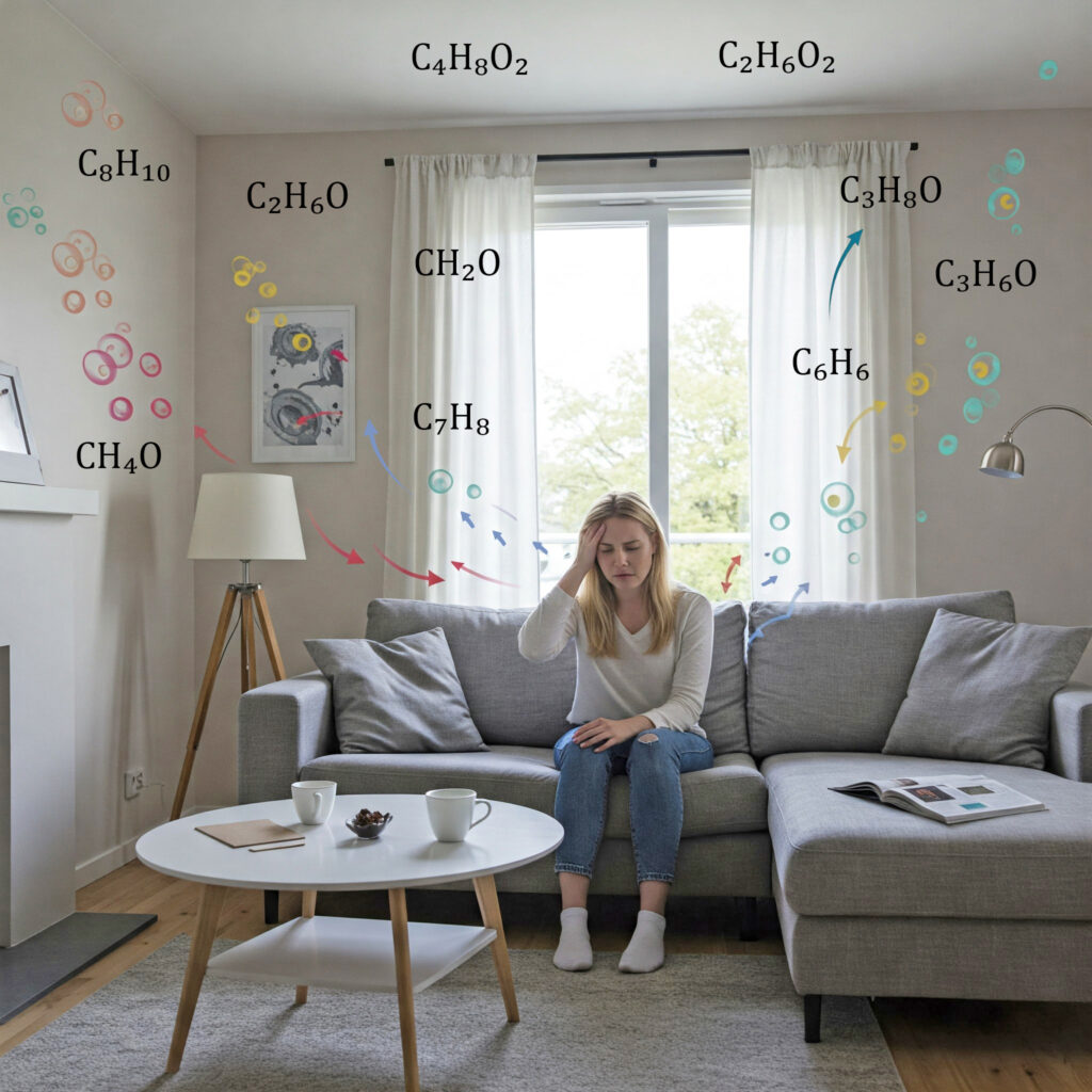 Frau sitzt in einem Wohnzimmer und hält sich den Kopf, während chemische Verbindungen für flüchtige organische Verbindungen (VOCs) symbolisch aus den Wänden aufsteigen.