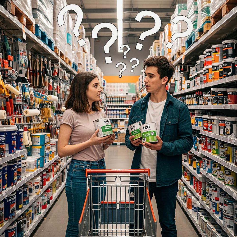 Junges Paar im Baumarkt vor einem Regal mit Farben und Lacken, unschlüssig bei der Auswahl umweltfreundlicher Biofarben.