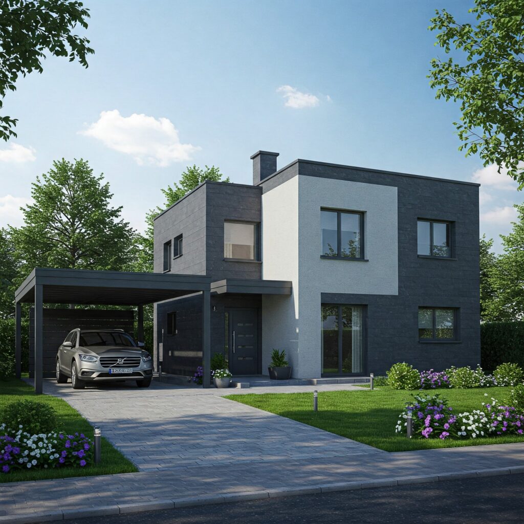 Modernes Einfamilienhaus mit anthrazitfarbenem Carport und minimalistischer Architektur, umgeben von gepflegtem Garten und gepflasterter Einfahrt.