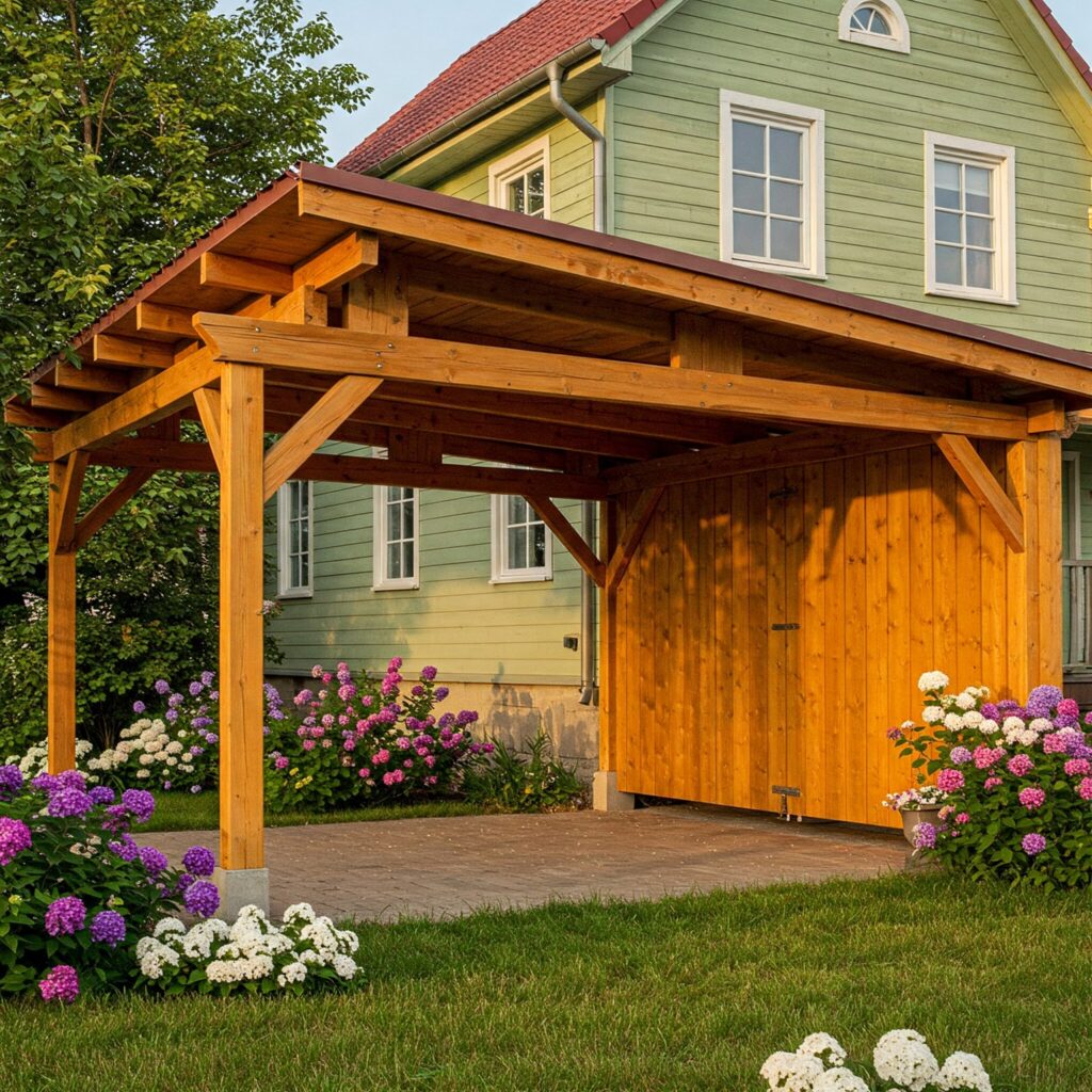 Carport aus Holz in warmem Honigton mit passender Seitenwand, harmonisch integriert in ein grünes Gartengrundstück mit blühenden Hortensien.