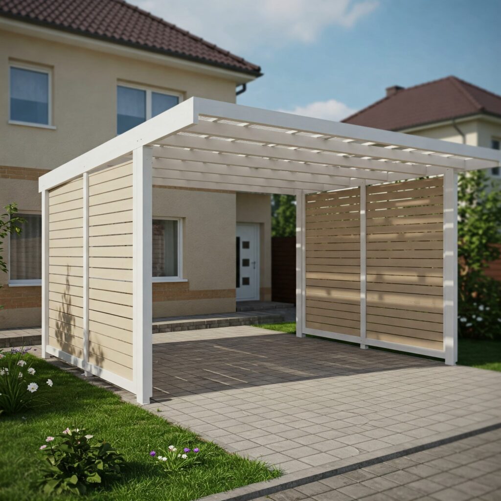 Moderner Carport in Weiß mit naturbelassenen Holzelementen, harmonisch integriert in eine gepflasterte Einfahrt vor einem hellen Wohnhaus.