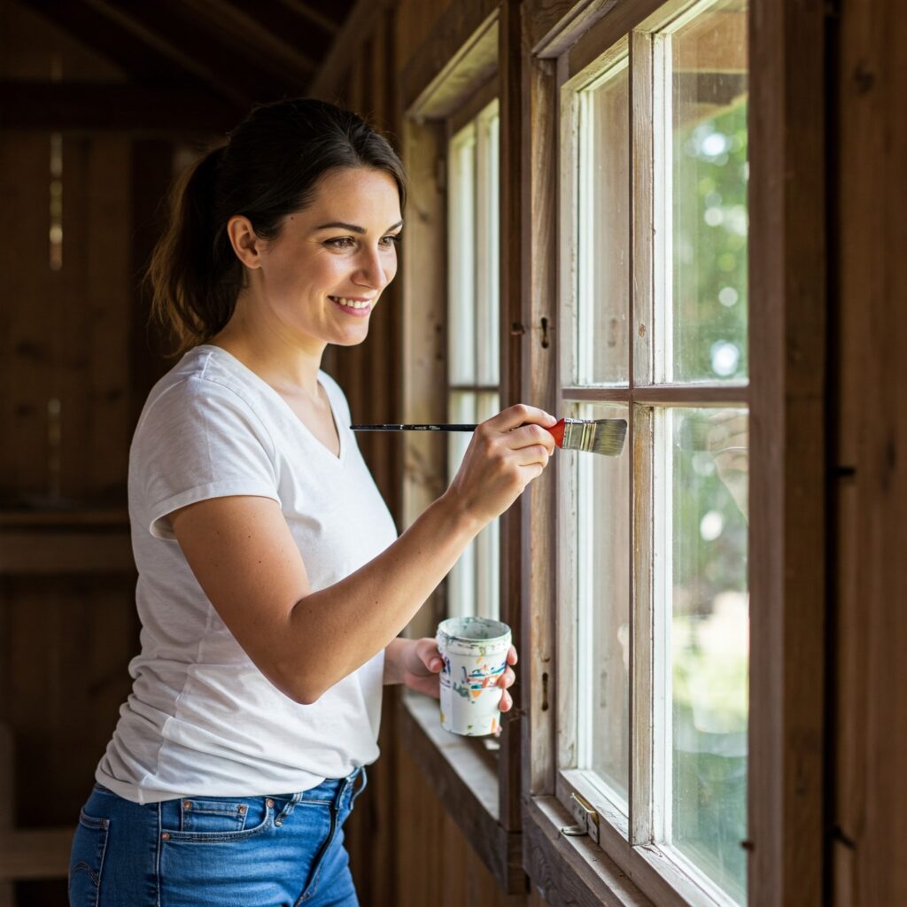 Eine lächelnde Frau in Jeans und T-Shirt streicht mit einem Pinsel einen Fensterrahmen in einem Holzhaus.