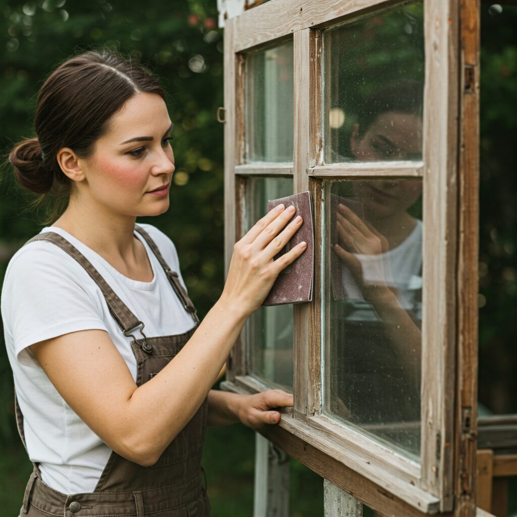 Eine Frau schleift manuell mit Schleifpapier einen hölzernen Fensterrahmen im Freien.