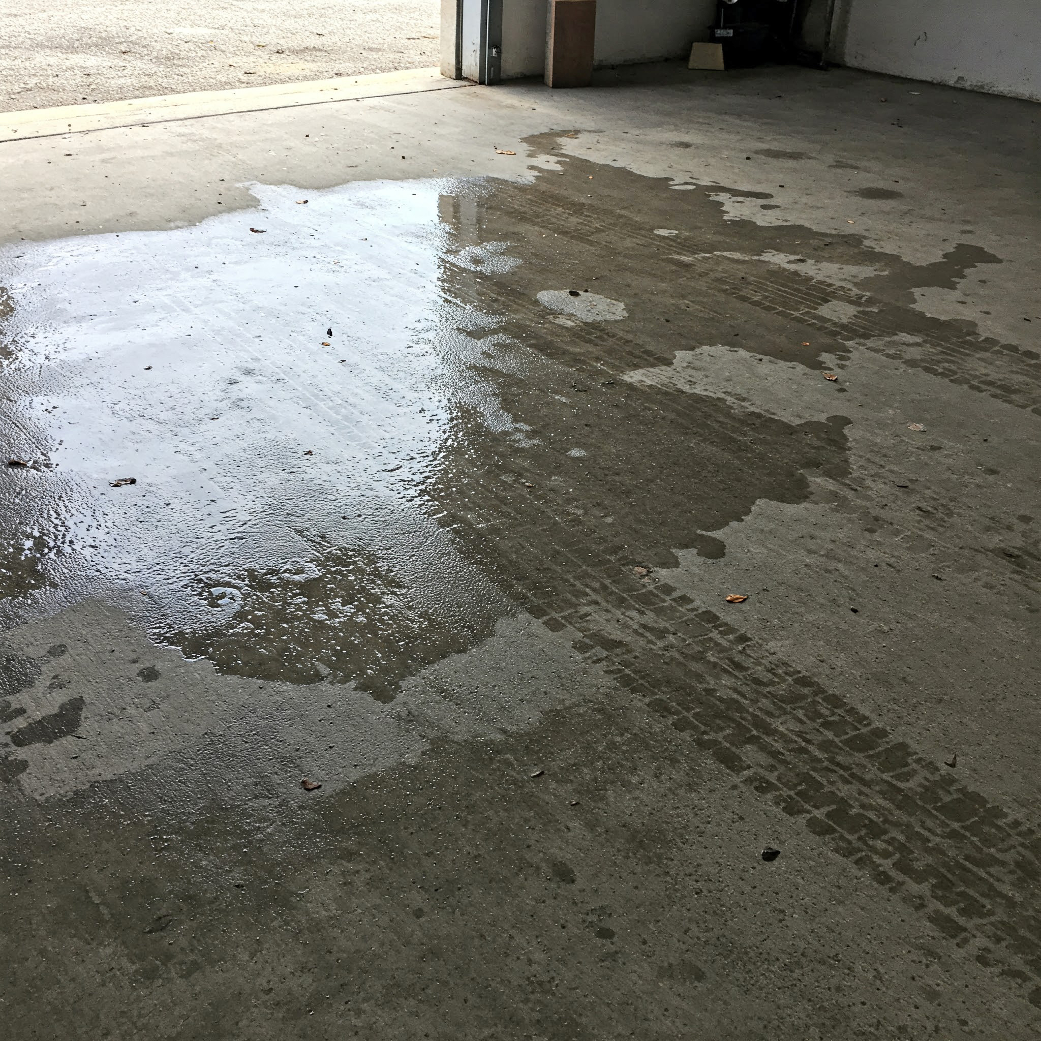 Nasser Garagenboden nach dem Abstellen eines Fahrzeugs – Feuchtigkeit sammelt sich und kann bei schlechter Belüftung zu Schimmel führen.