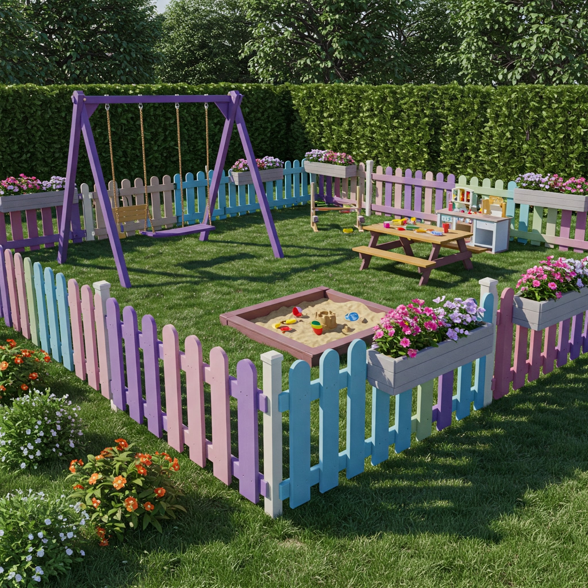 Bunter Holzzaun in Pastelltönen umrahmt einen Spielbereich mit Schaukel, Sandkasten und Sitzbank im Familiengarten.