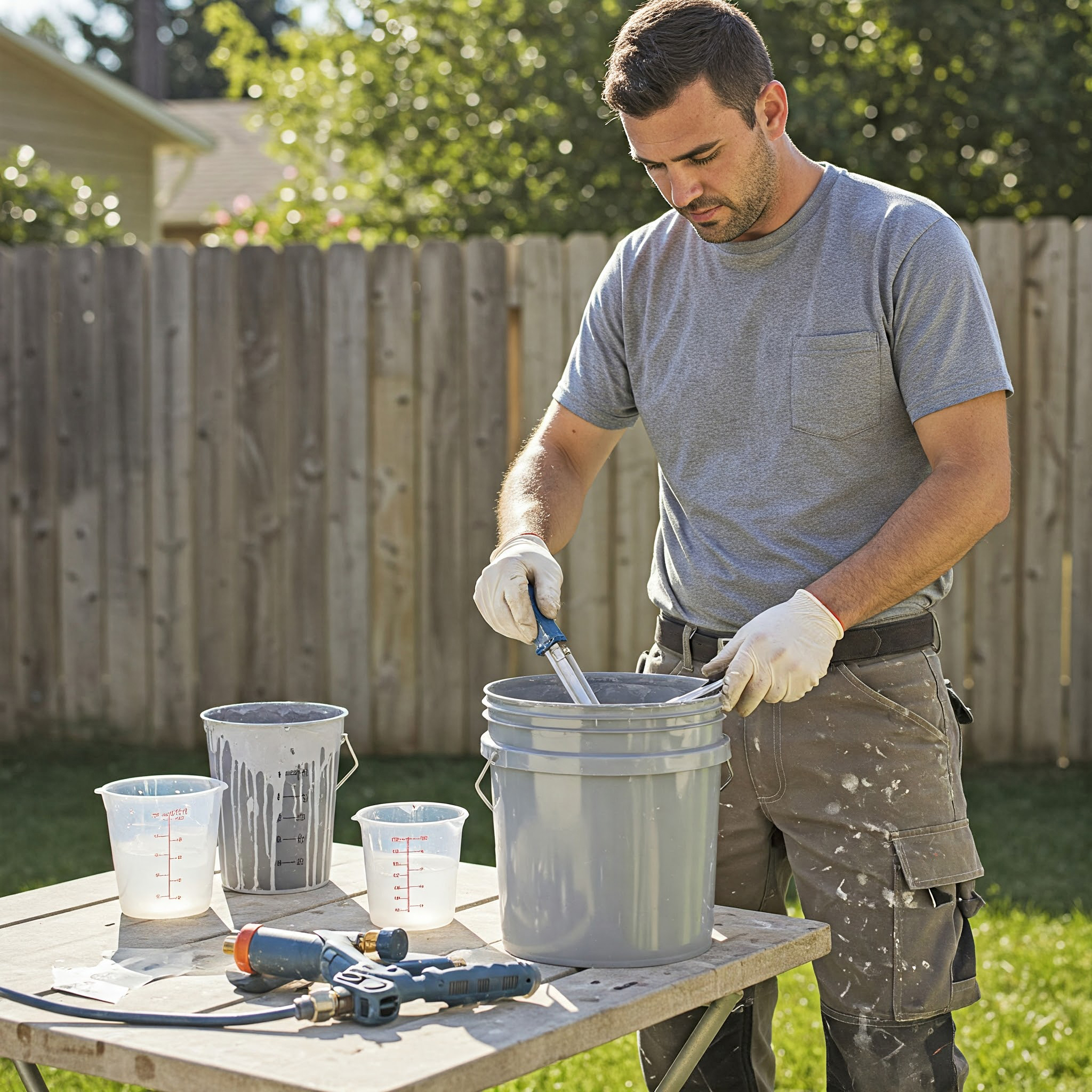 Mann mit Handschuhen rührt graue Farbe in einem Eimer an, daneben Messbecher und Farbsprühgerät auf einem Tisch im Garten.