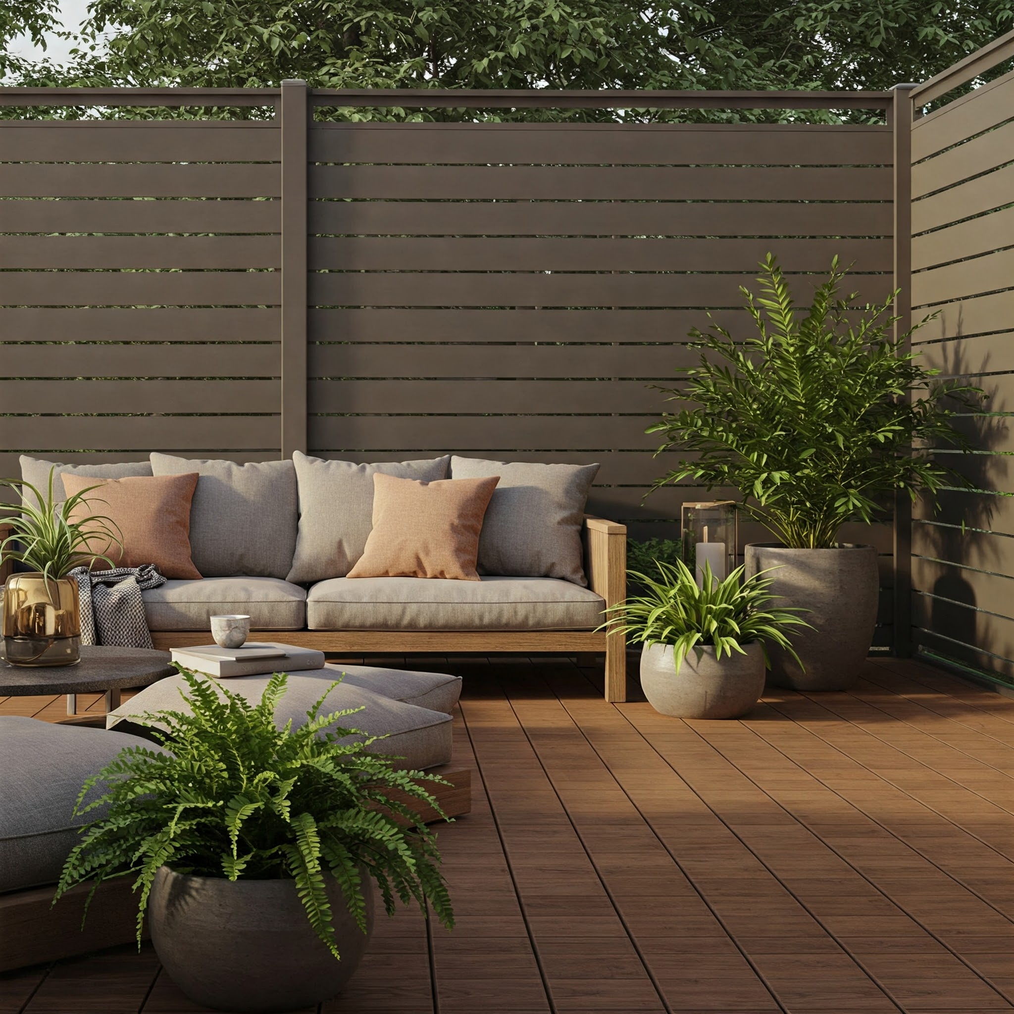 Graubrauner Sichtschutzzaun hinter einer modernen Gartenterrasse mit Sofa, Holzdeck und Pflanzkübeln