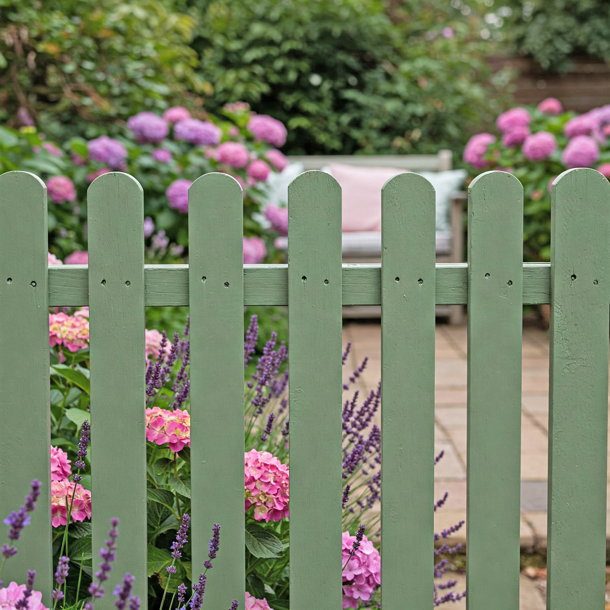Salbeigrüner Holzzaun vor einem blühenden Garten mit Lavendel und Hortensien.