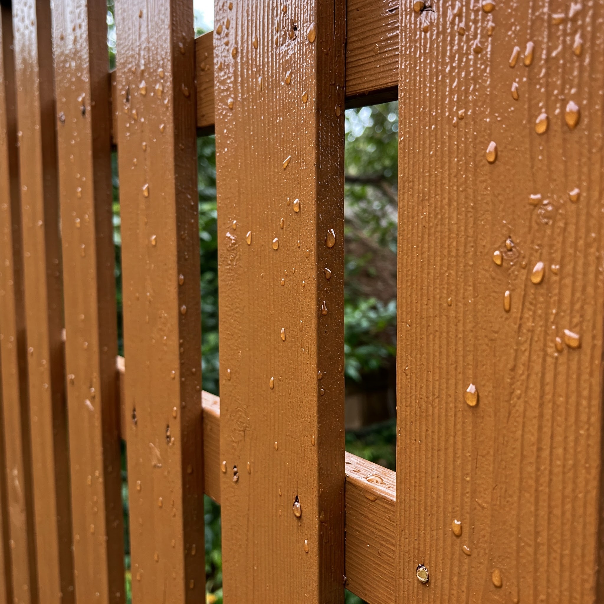 Nahaufnahme eines braun gestrichenen Holzzauns mit abperlendem Regenwasser als Zeichen für intakten Holzschutz