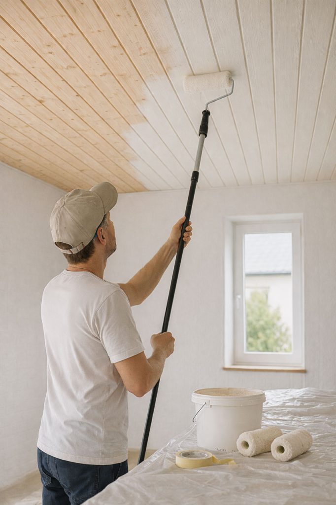Mann streicht eine helle Holzdecke im Innenraum mit weißer Farbe und einer Farbrolle auf Teleskopstange.