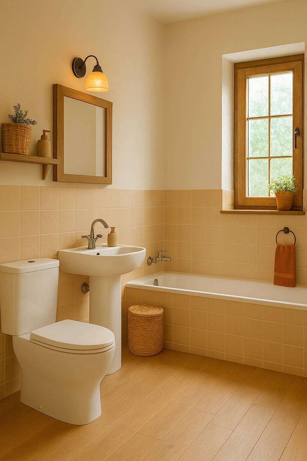 Renoviertes Landhaus-Bad mit gestrichenen Fliesen in Beige, moderner Badewanne, WC, Waschbecken und warmen Holz-Akzenten