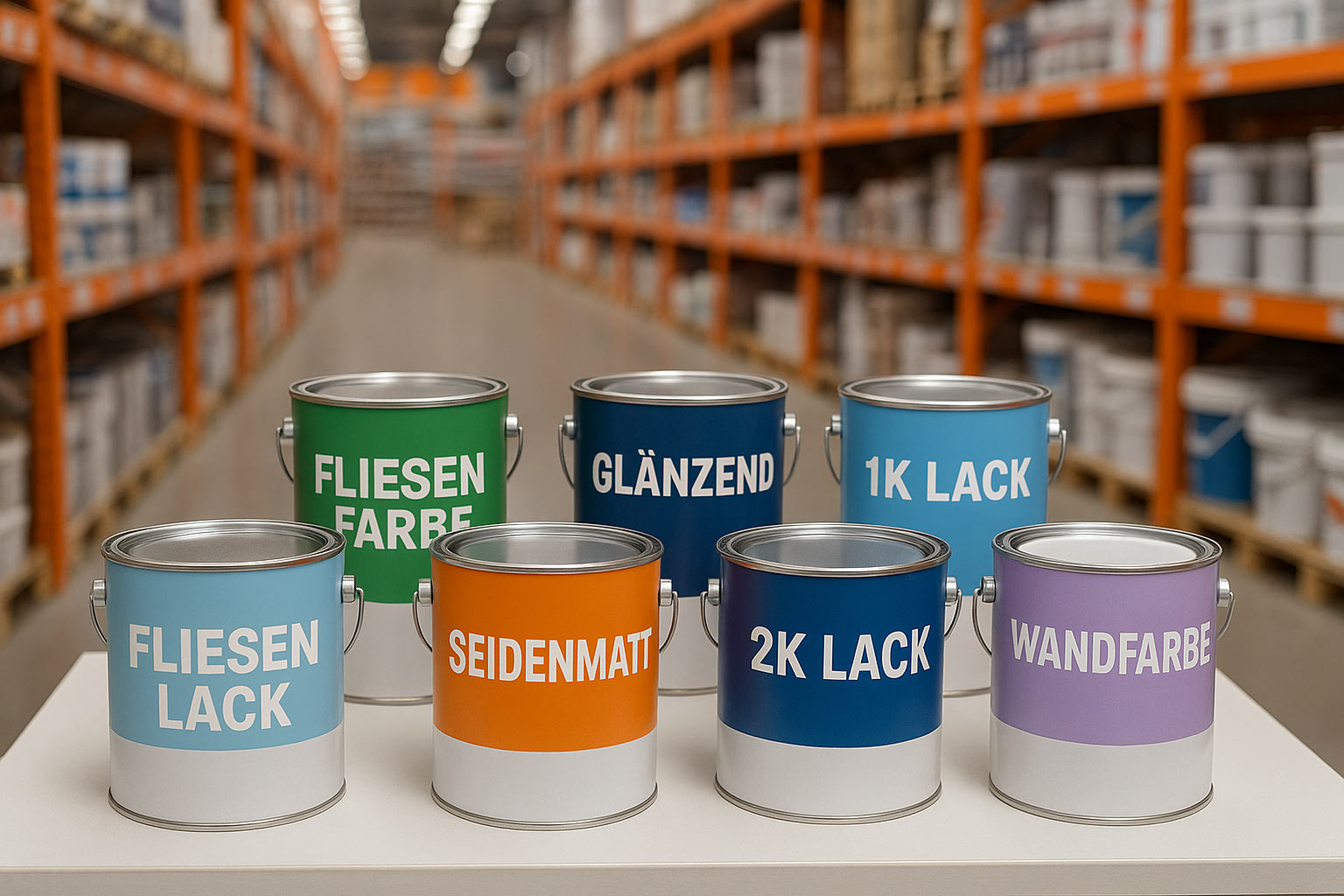 Sieben Farbdosen stehen auf einem Tisch, beschriftet mit Fliesenfarbe, Fliesenlack, 1K, 2K, glänzend, seidenmatt, Wandfarbe
