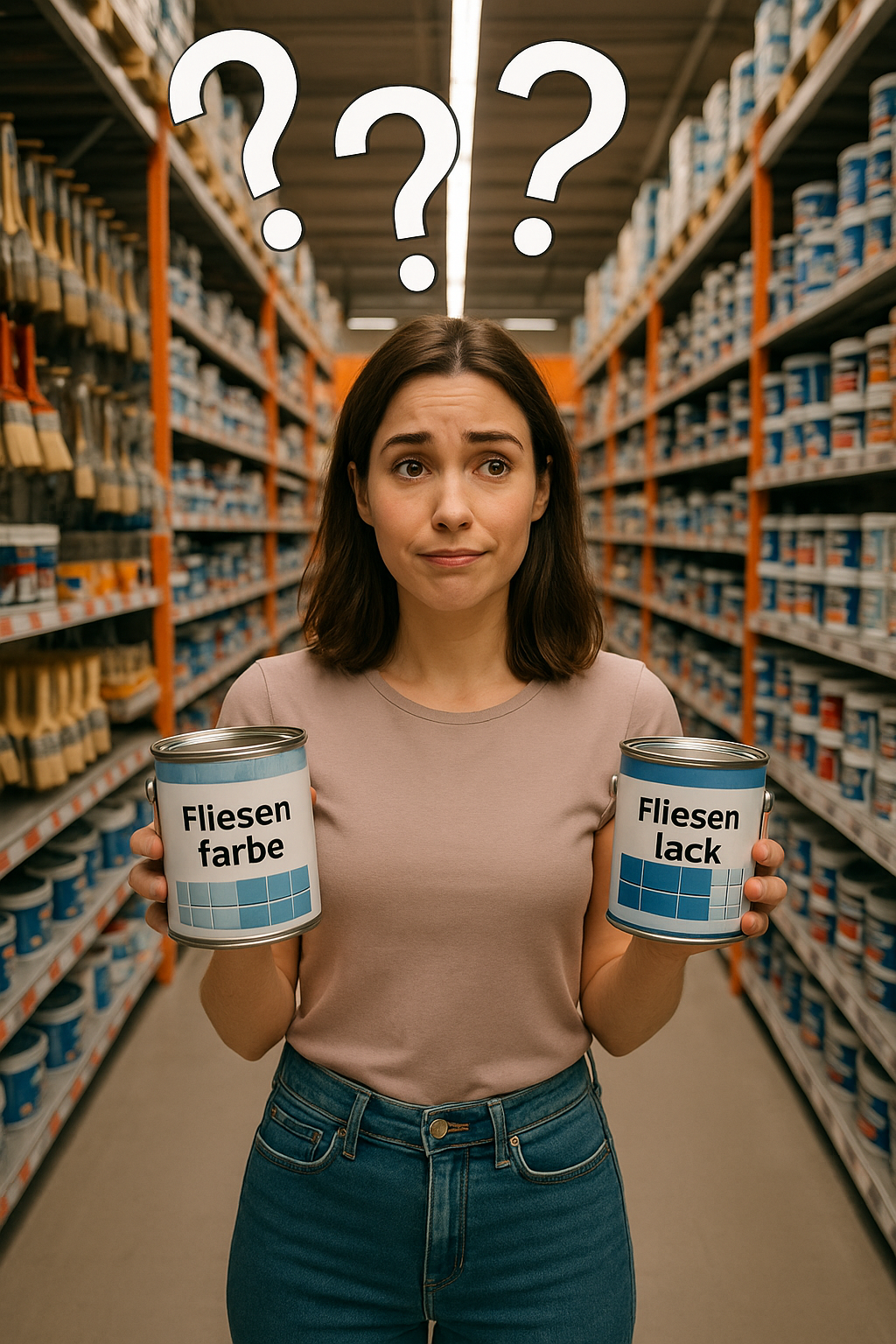 Sieben Farbdosen stehen auf einem Tisch, beschriftet mit Fliesenfarbe, Fliesenlack, 1K, 2K, glänzend, seidenmatt, Wandfarbe