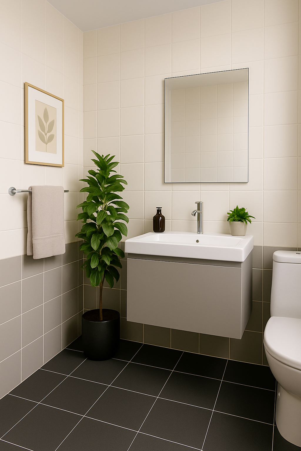 Modernes Badezimmer mit hellen Wandfliesen, dunklem Boden, grauem Waschtisch, Spiegel, Handtuch, Seifenspender und kleiner Pflanze.