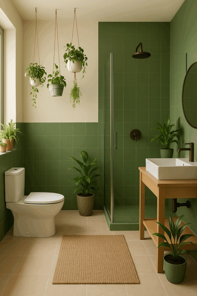 Modernes Badezimmer mit grünen Fliesen, beiger Bodenfliese, Holzwaschtisch und vielen Pflanzen für natürliche Atmosphäre