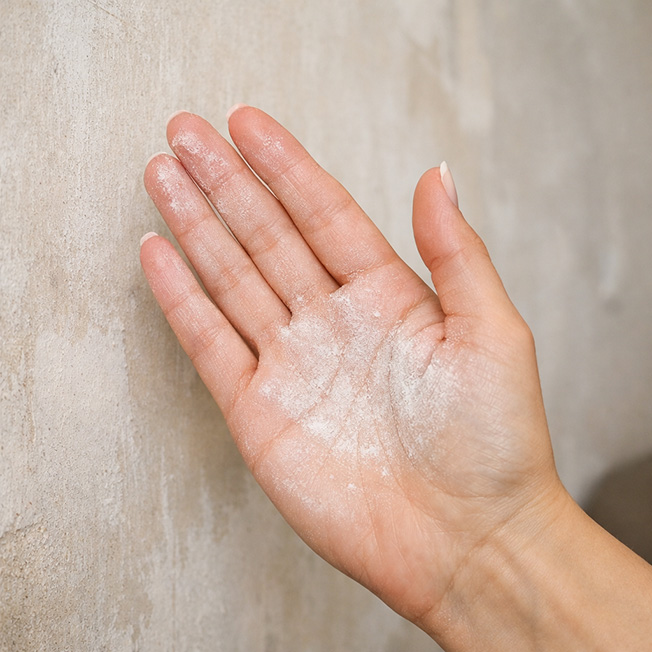 Hand mit weißem, staubigem Abrieb nach dem Wischen über eine kreidende Wandoberfläche