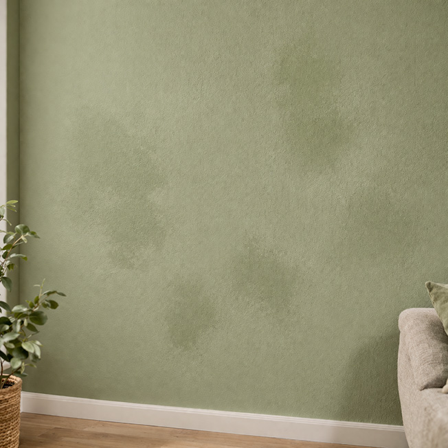 Grün gestrichene Wand mit fleckigem, ungleichmäßig trocknendem Anstrich und sichtbaren Rändern