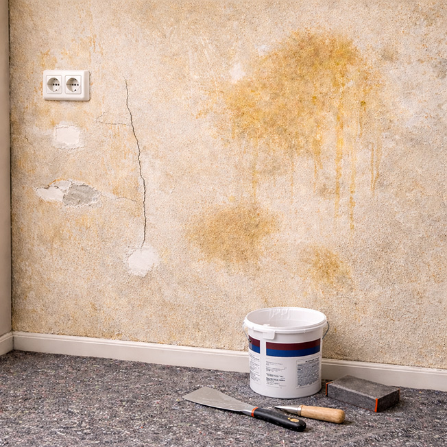 Wand mit Rissen, Spachtelstellen, Wasserrändern und Nikotinflecken vor der Ausbesserung