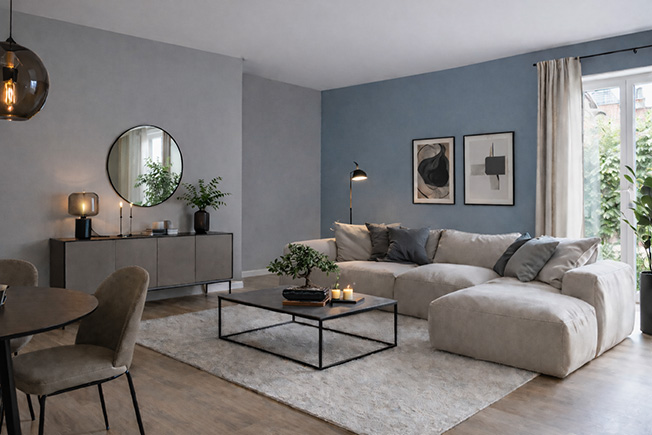 Taubenblau als Akzentwand wirkt modern, ruhig und passt gut zu hellen Hauptwänden im Wohnzimmer.