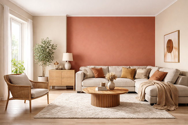 Wohnzimmer mit farblich abgesetzter Akzentwand hinter dem Sofa in warmem Erdton zur Strukturierung des Raums