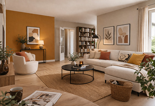 Warme Beige-, Creme- und Ockertöne schaffen eine ruhige Basis und passen gut zu einer dezenten Akzentwand im Wohnzimmer.