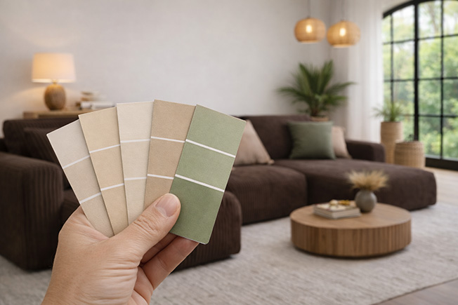 Farbmuster wird neben Stoff und Holz gehalten, um die Wandfarbe mit der Einrichtung im Wohnzimmer abzustimmen.