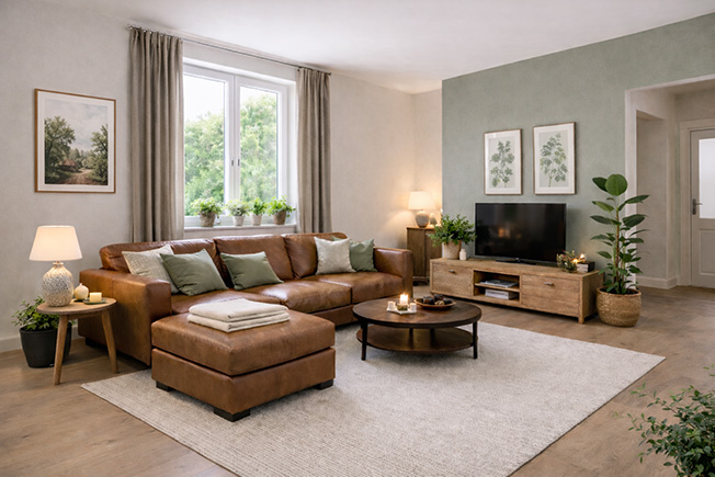 Wohnzimmer mit blassgrüner Akzentwand, beiger Einrichtung und natürlichen Materialien für ein ruhiges Farbkonzept.