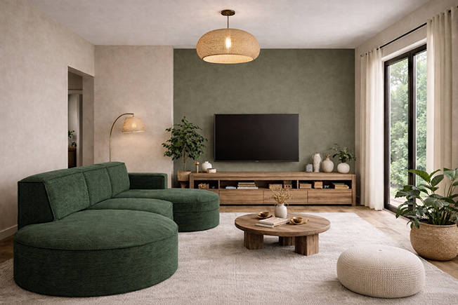 Wohnzimmer mit resedagrüner Akzentwand, grünem Sofa und warmen Beigetönen für eine naturfarbende, wohnliche Atmosphäre.